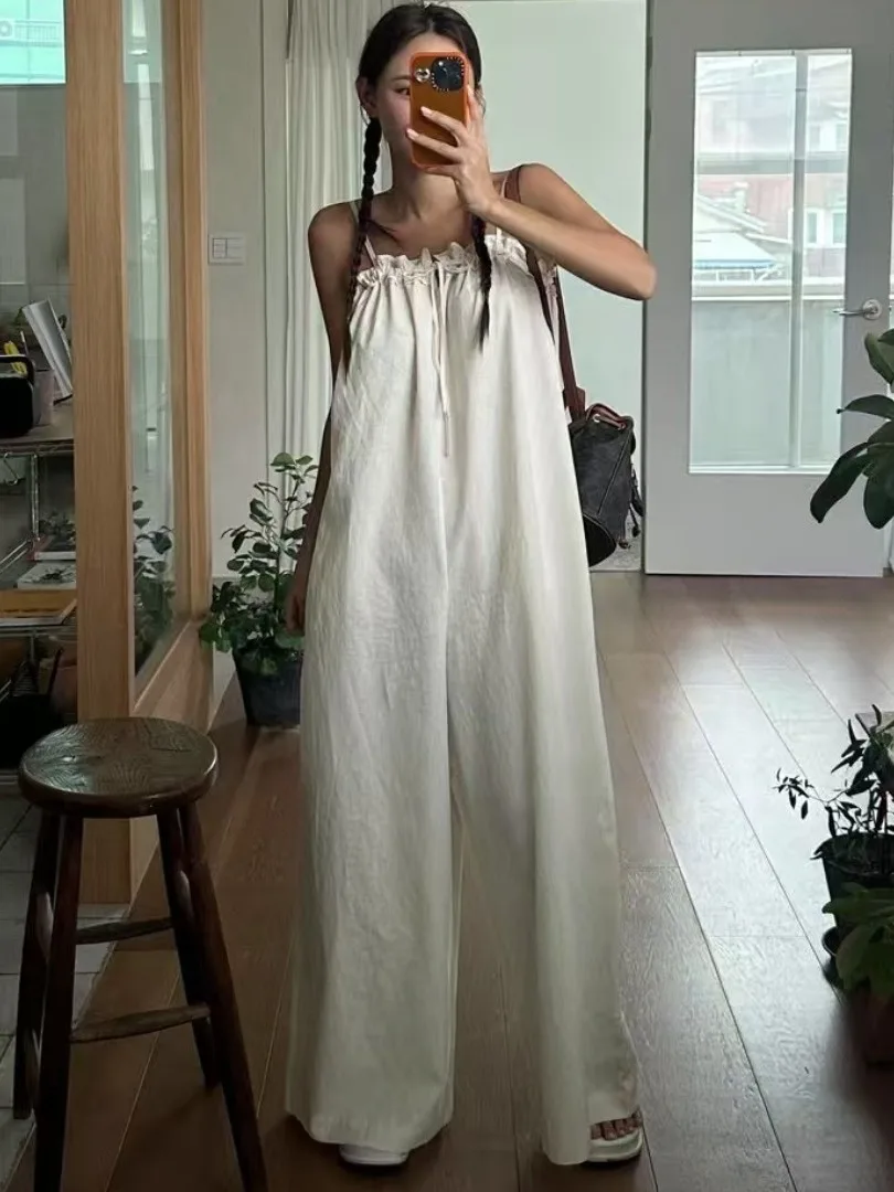 

Summer New Sle Korean Japanese Design Wood ain Strapl Rer Women's Casual Long Pants One-Piece Suit
