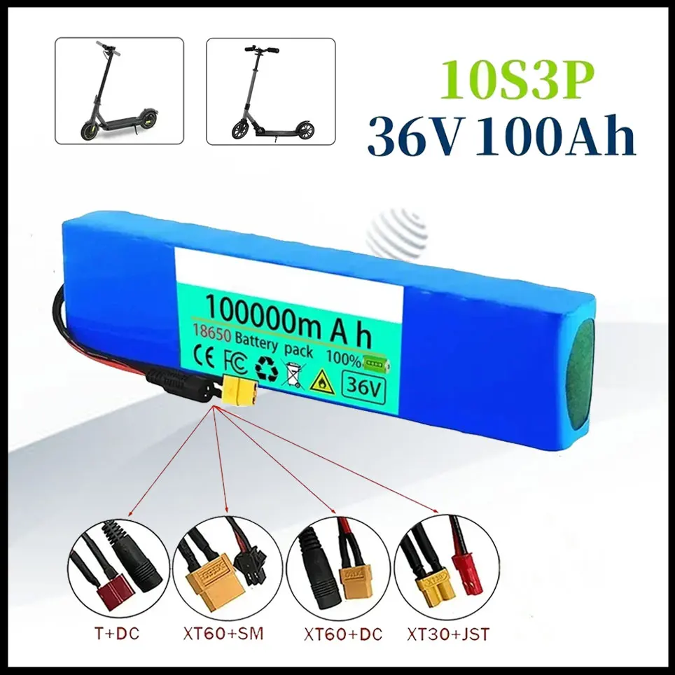 10S3P 36V 100Ah 18650 wiederaufladbarer Lithium-Akku, 1000 W Leistung, modifiziertes Fahrrad, Elektroroller, Fahrzeug, BMS + 54,6 V Ladegerät