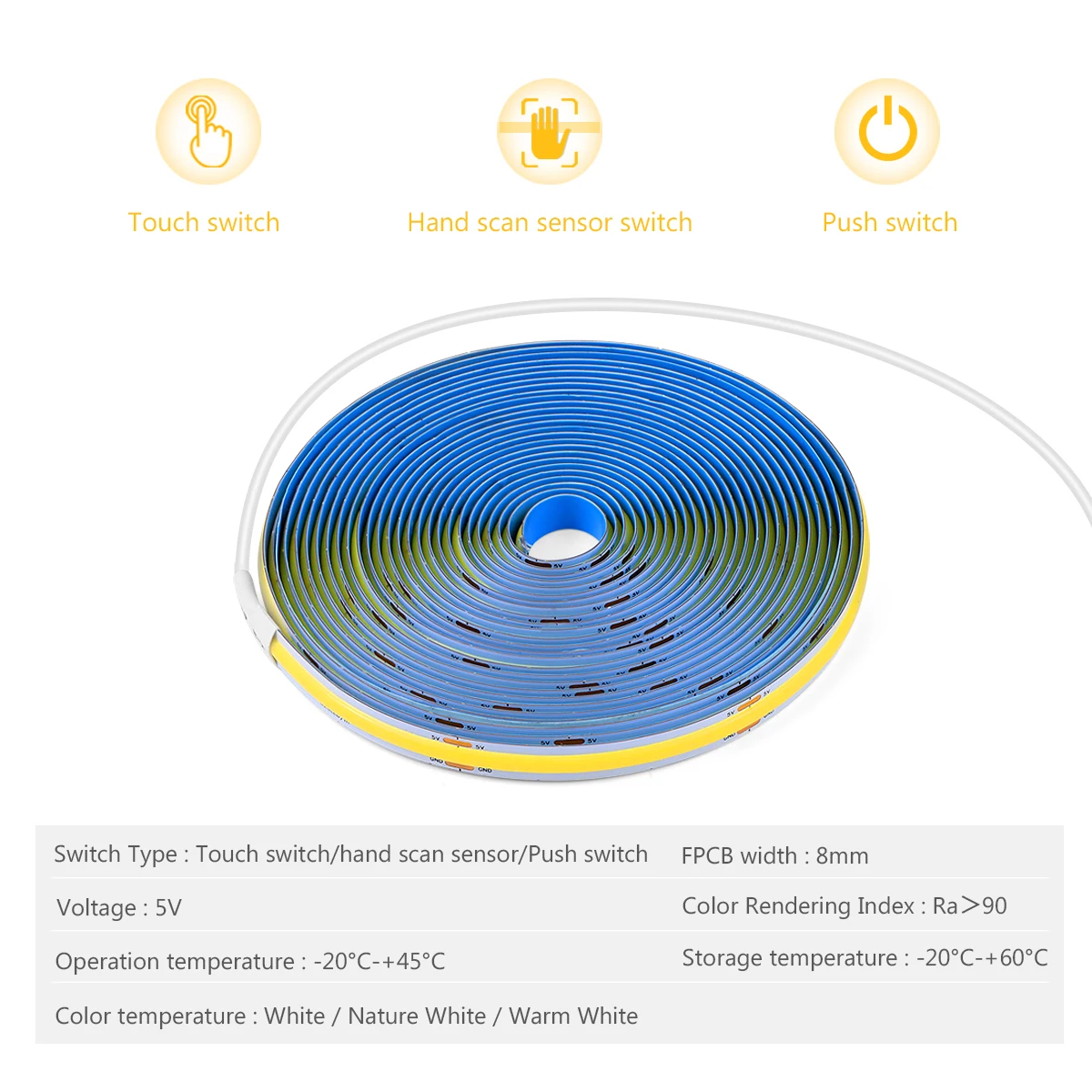 Super Bright USB DC 5V COB LED Strip Light 320leds/m with Hand Scan / Dimmable Touch Sensor Switch/ Push Switch 1m 2m 3m 4m 5m