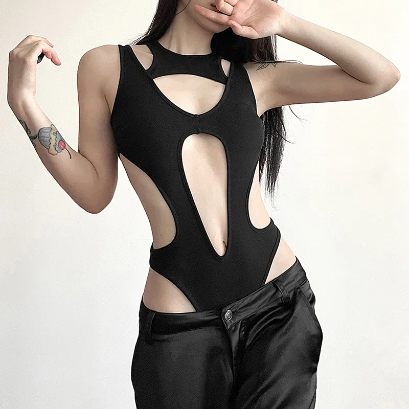

BKLD 2024 Summer Women Clothing New Solid Color Black Bodysuit Sexy Y2k Fashion Hollow Out Sleevelss Slim Fit Bodysuit Tops