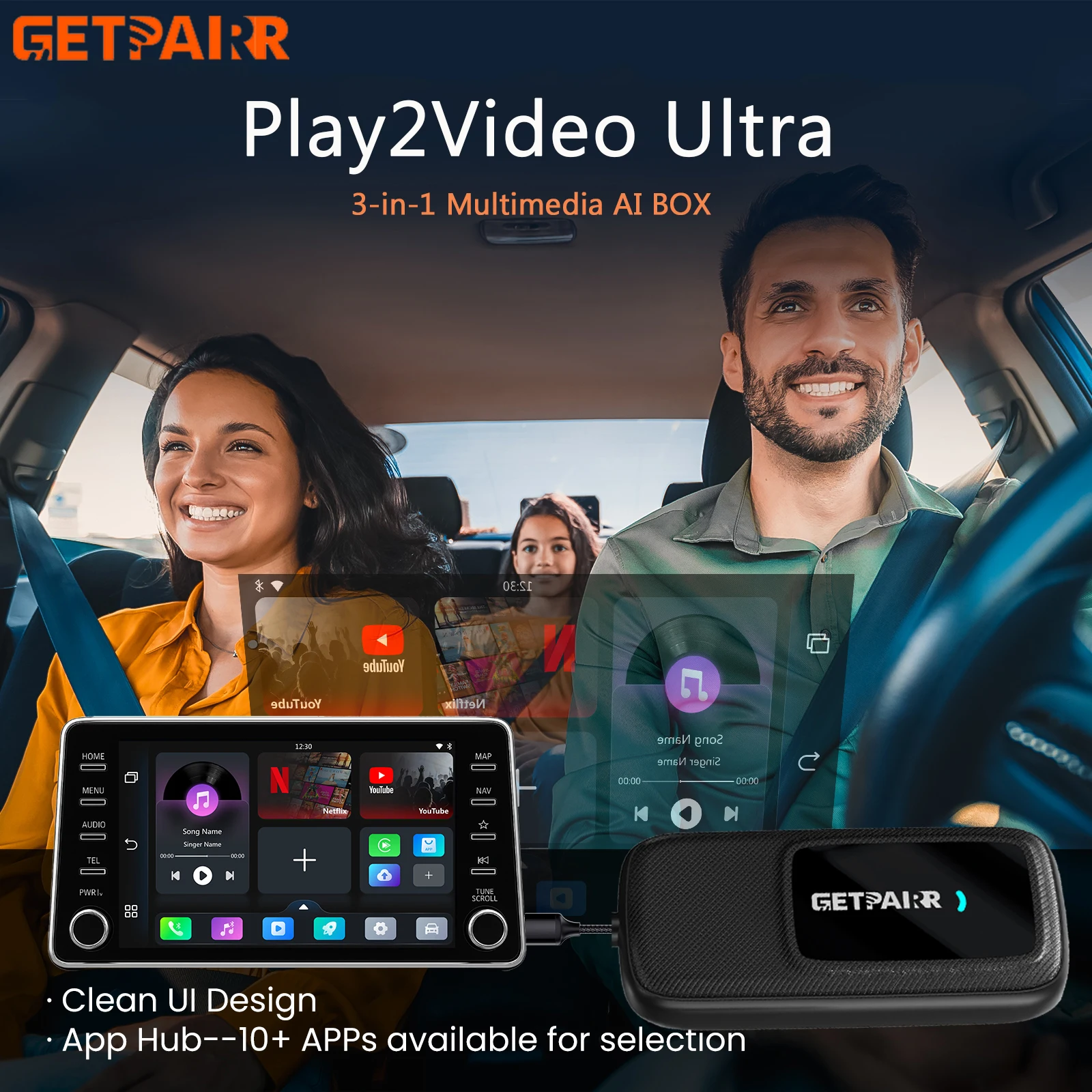 Getpairr Play2Video Ultra Wireless Carplay Android Auto Adapter dengan Youtube Netflix Terintegrasi, Kotak Video untuk VW Benz Ford 99% Mobil