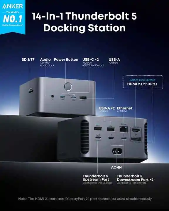 TLF Anker Prime TB5 Dockingstation, 140 W maximale Ladefunktion und 120 Gbit/s maximale Übertragung mit 14 Ports, 5 Dockingstation