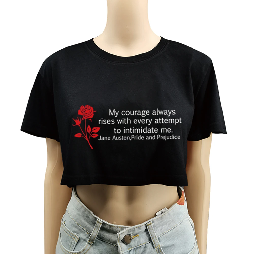 Seeyoushy My Courage Always Rises with Every Attempt Letter Print Women Cropped Top Black Tshirt Casual Navel Tops Tee Shirt Y2K