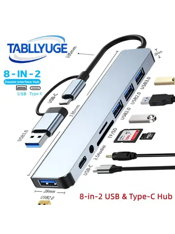 TYPE-C Hub USB3.0 Hub 8 in 2 USB Extender with SD/TF Card Reader& 3.5mm Audio Jack for MacBook/PC/Laptop/Tablet Devices Splitter
