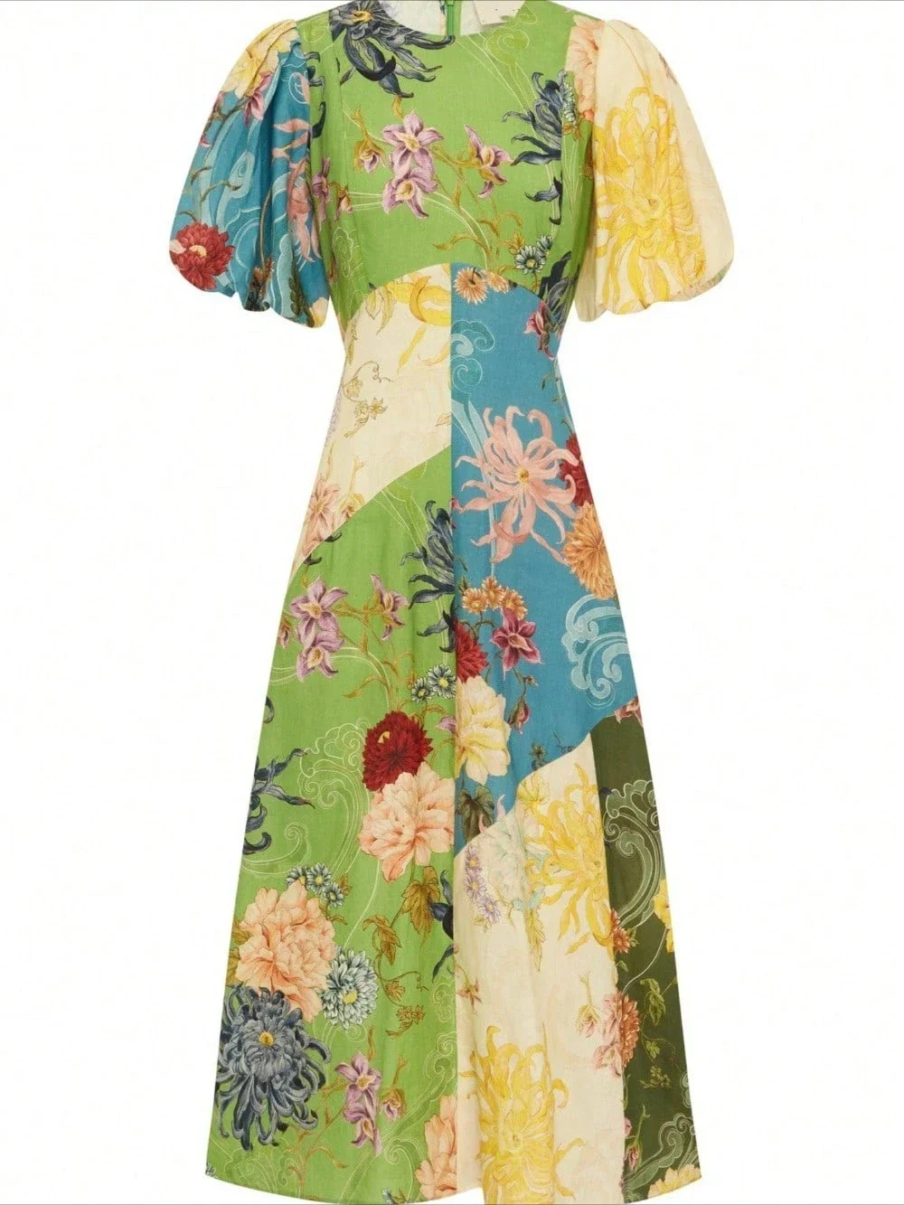 

Floral Patchwork Lantern Sleeve Linen Dress Women Casual Round Neck Midi Dress