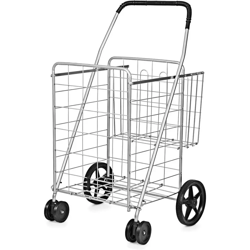 

Sturdy Double Basket Shopping Cart with Swivel Wheels for Groceries, Laundry, and Travel
