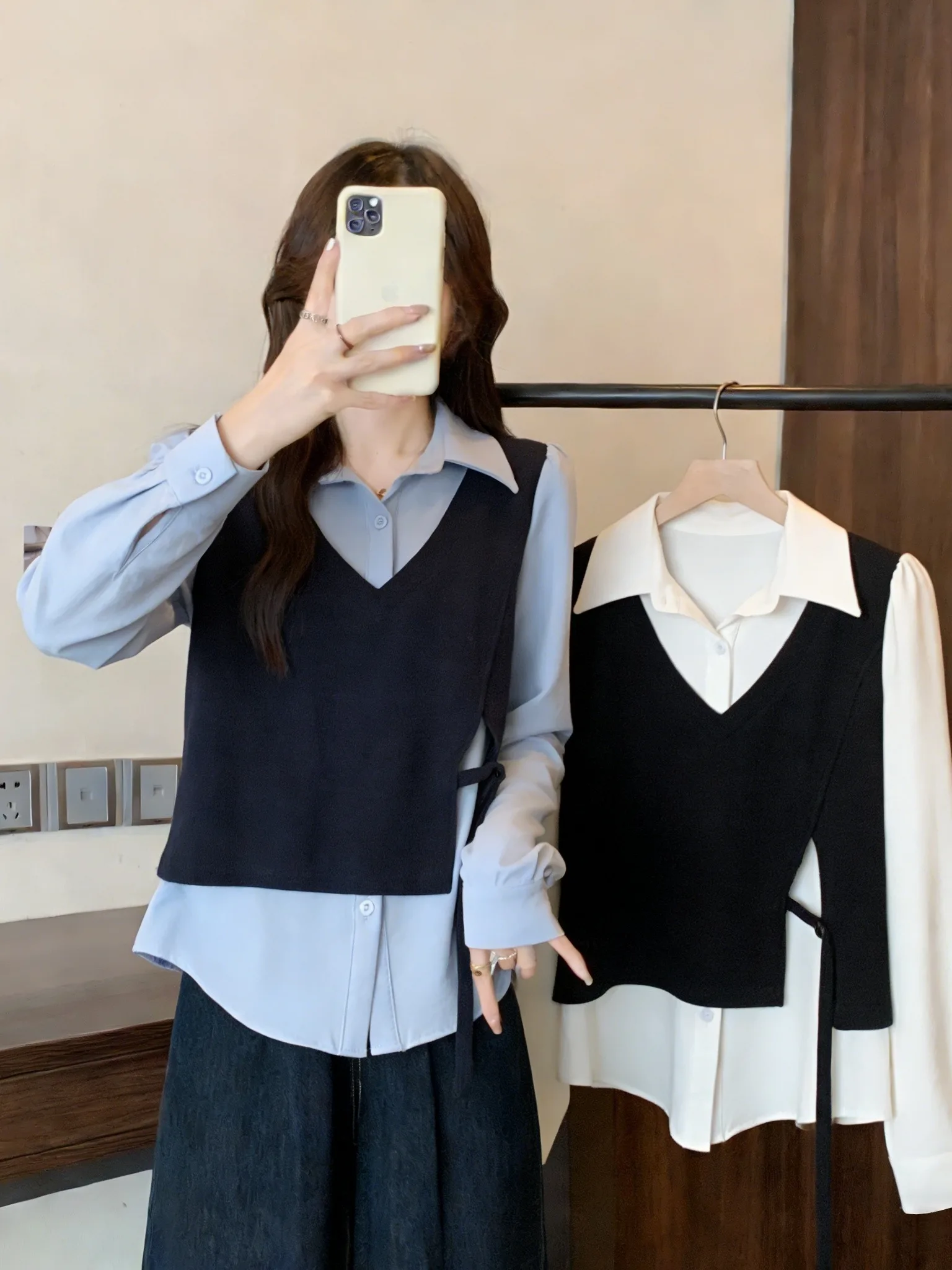 

plus Size Women's College Style Color Block Vest Shirt Spring Summer New Design Unique Top Korean Loose Fit Long Sleeve