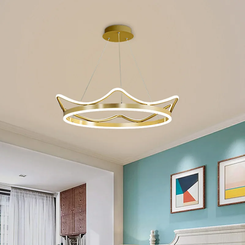 

Modern Nordic Crown Shape LED Strip Pendant Light Gold Pink Stainless Steel Ring Chandelier Home Decor For Baby Kids Bedroom