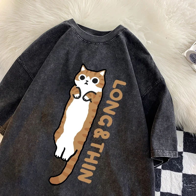 سليم القط المشارب الصيف البرتقال القط سيامي خمر غسلها قصيرة الأكمام تي شيرت الرجال والنساء تي شيرت غير رسمي تي شيرت #4