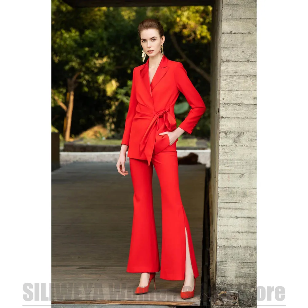 New Fashion Women Suit 2 Piece Slim Fit Satin Peak Lapel Tie Waist Tuxedo Blazer Pants For Office Business Casual Party Outfit