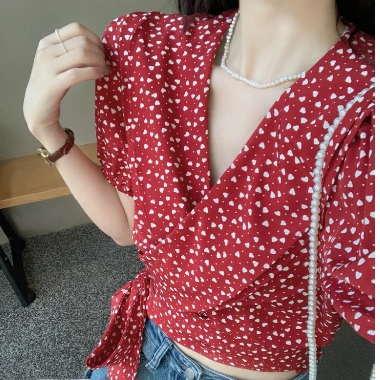 

Summer V-Neck Bubble Sleeve Shirt Women's Polka Dot Slim Fit Red Heart Print Short Sleeve Tie Waist Top Fashion Ladies' Blouse