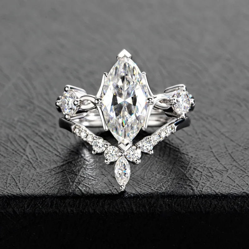 

Carnica 7×14mm 3CT Stone Real Moissanite Ring for Women 100% S925 Sterling Silver Sparkling Wedding Band GRA D Color Horse Eye