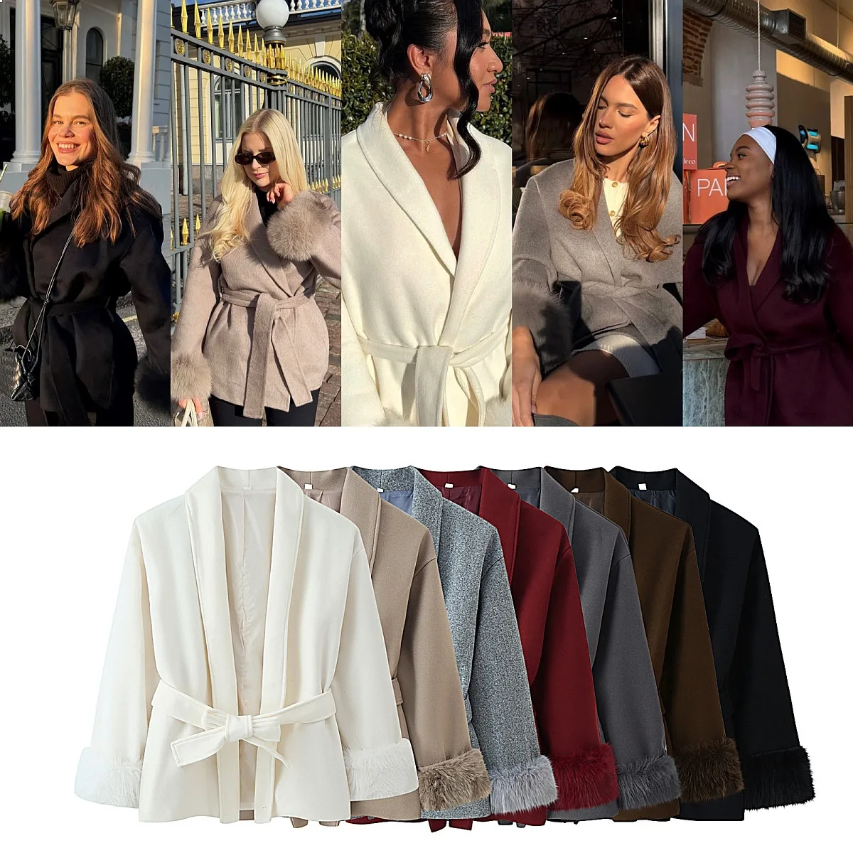 Cross-border European and American women's clothing AliExpress INS popular multi-color fluffy splicing lace-up woolen jacket