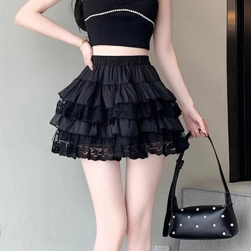Elastische Gothic Kant Tutu Rok Vrouwen Zwart Mesh Detail Petticoat Sexy Mini Tule Rokken Party Club Wear Danser