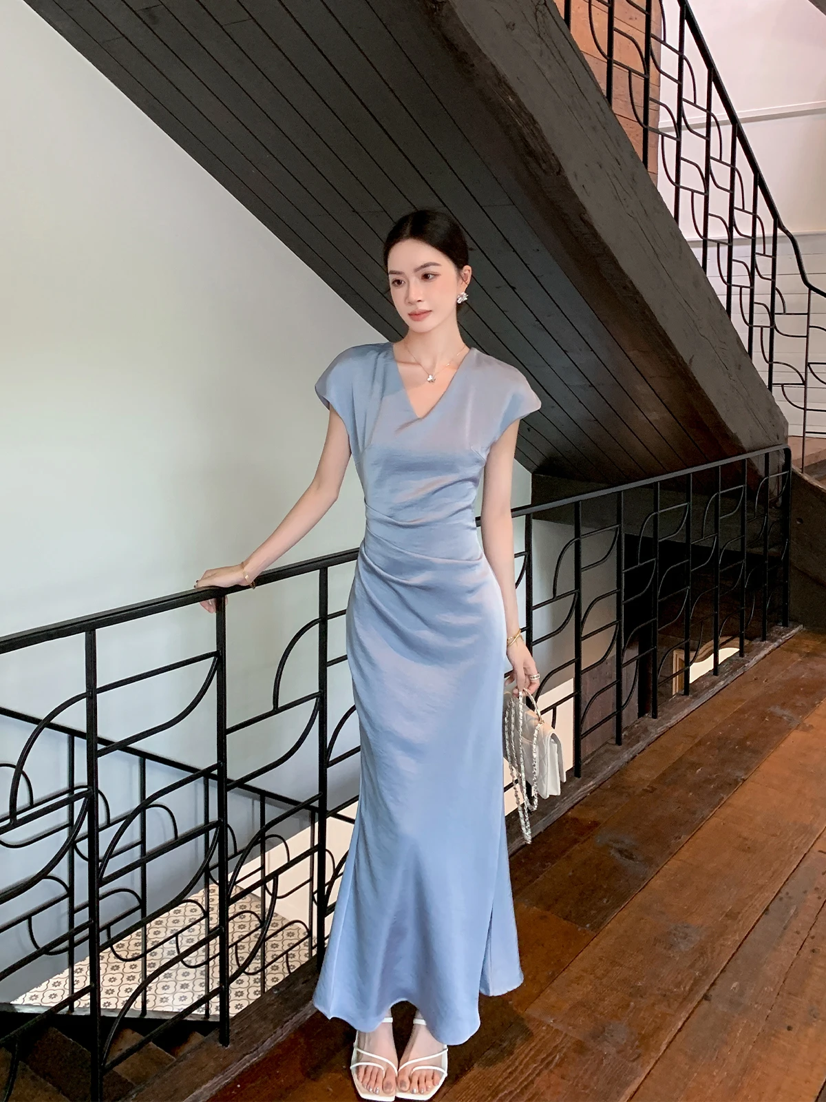 

Binguo Mist Blue Gathered Waist Slimming Dr Women's Summer New Sle Elegance Long Dr ort Sve V-ne H-pe