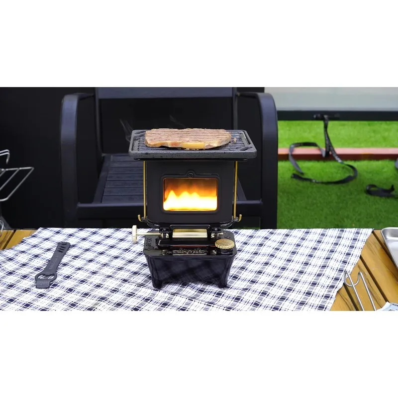 Stainless steel tent stove with glass for outdoor and indoor warmth, tea making, lighting