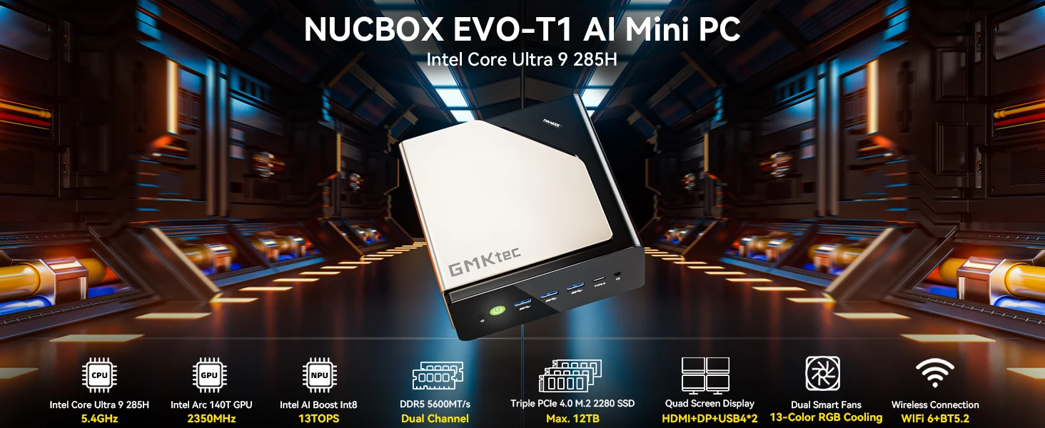 GMKtec EVO-T1 AI Mini PC Intel Core Ultra 9 285H DDR5 5600 USB4 Dual 2.5G LAN WiFi 6 BT5.2 Windows 11 Pro Gaming Desktop