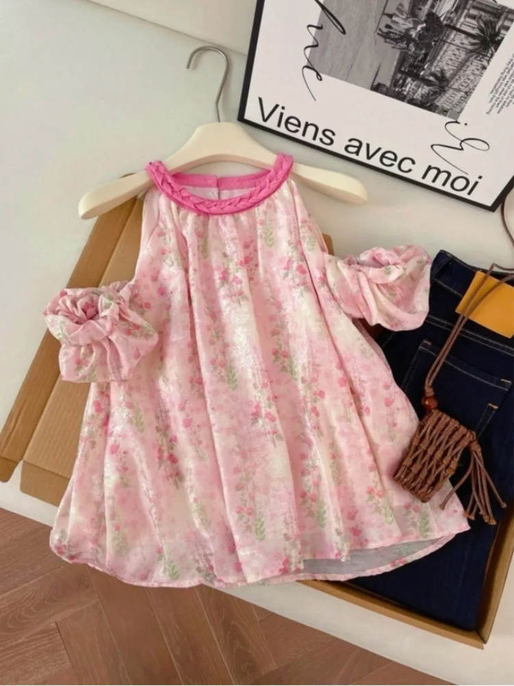 

Pink Floral Embroidery Chiffon Top Women's Summer Knitted Design Cute Doll Style Breathable Casual Loose Fit round Neck Shirt