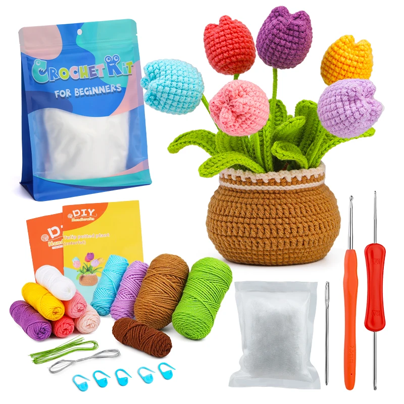 

Hand Knitted Flowers Crochet Starter Kit With Cotton Yarn Crochet Markers DIY Craft Accessories Handmade Material Tool Set