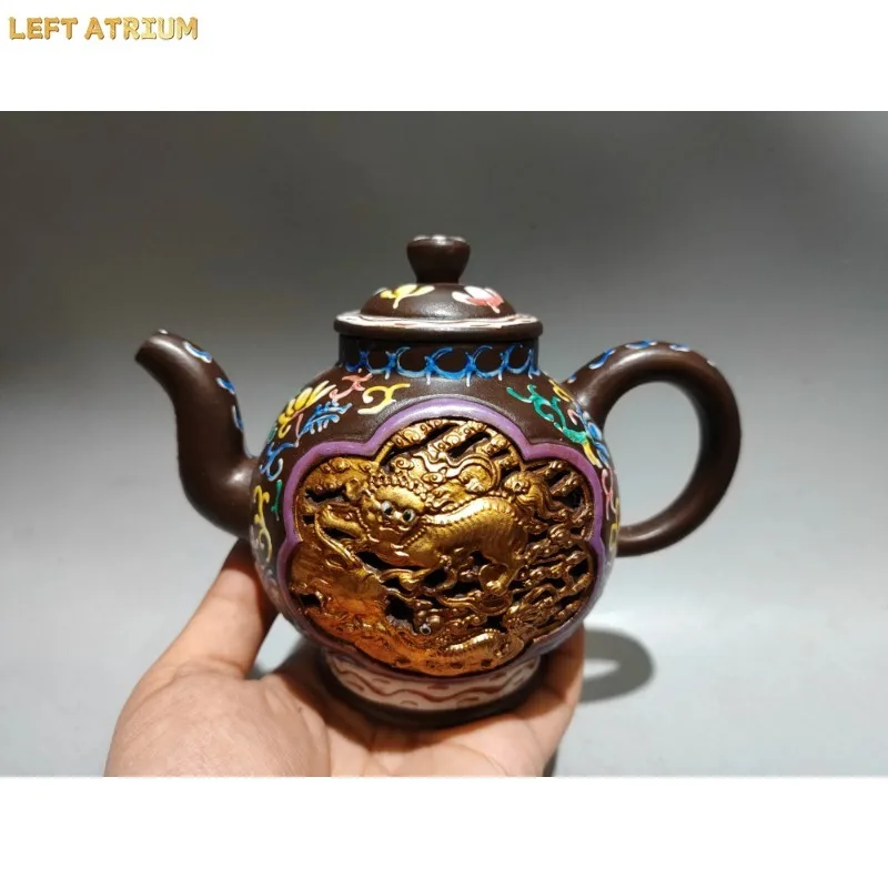Old Chinese Handicraft Enameled YiXing Zisha (red stoneware) Teapot,Gilded Polychrome Carved-through teapot
