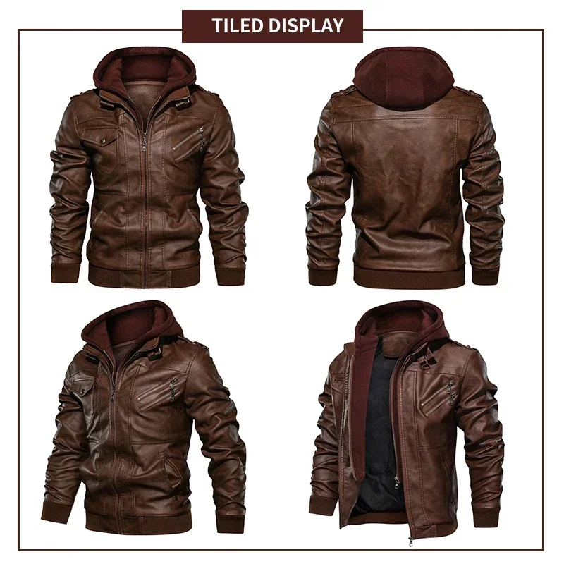 Hood Crew Men’s Casual Stand Collar PU Faux Leather Zip-Up Motorcycle Bomber Jacket