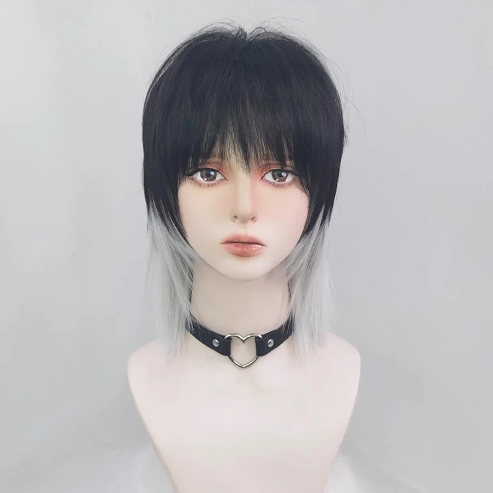 VICWIG Mullet Head Wig Synthetic Short Straight Black White Natural Lolita Cosplay Men Hair Wig for Daily Party