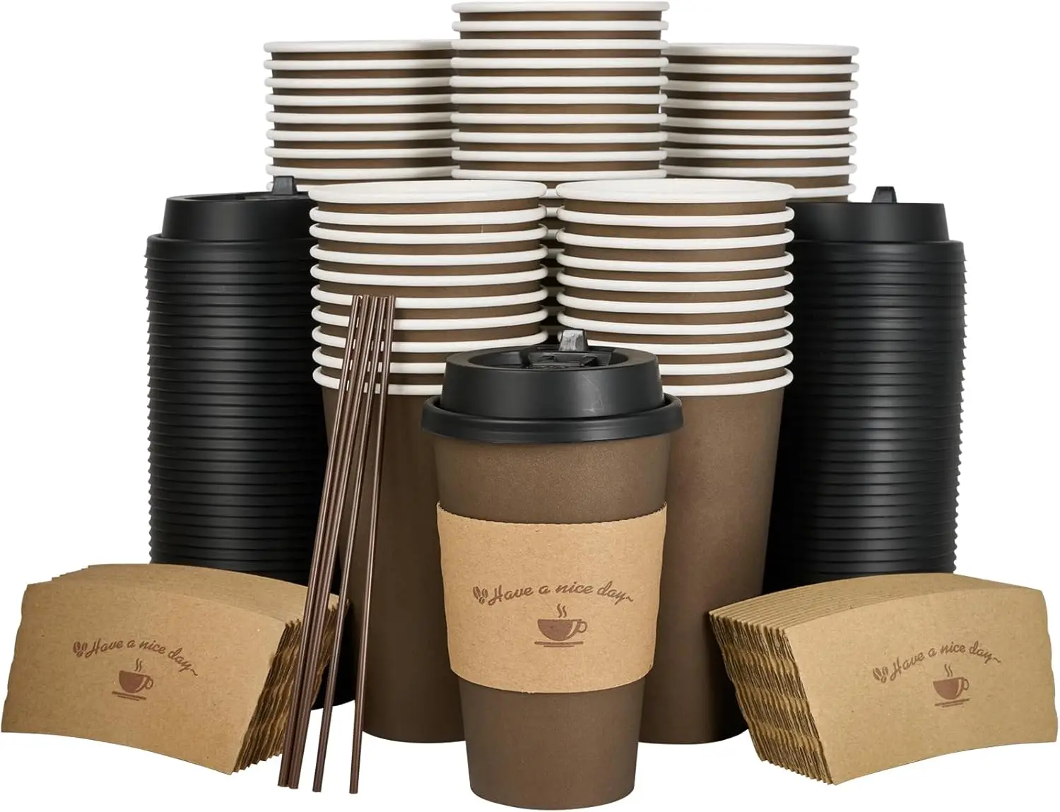 

100 Pack 16 oz Paper Coffee Cups, Brown Disposable Coffee Cups with Lids, Sleeves, Sticks, Drinking Cups for Hot Coffee,