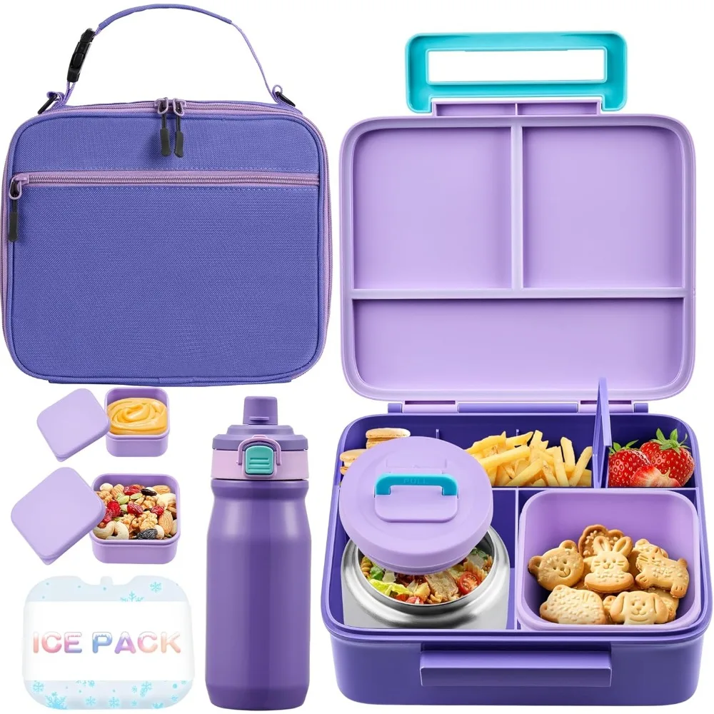 

Kids Bento Lunch Box Set with Leakproof Thermos, Insulated Bottle & Bag, BPA-Free Dishwasher Safe Purple