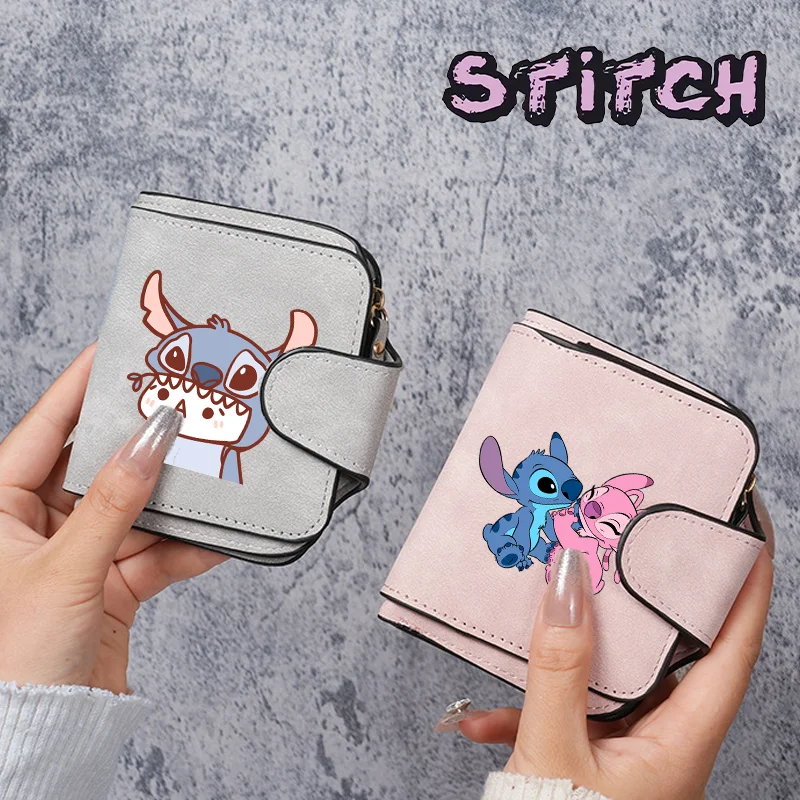 Disney Stitch PU Leather Female Purse Zipper Hasp Wallets Hasp Solid Multi-Cards Holder Coin Short Wallets Slim Small Kids Gifts