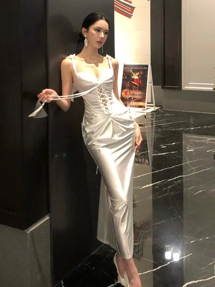

Ele White Satin Fibone Dr Women's Slimming Gown Evening Dr Long Skirt French Sle Wrap around Skirt V-ne