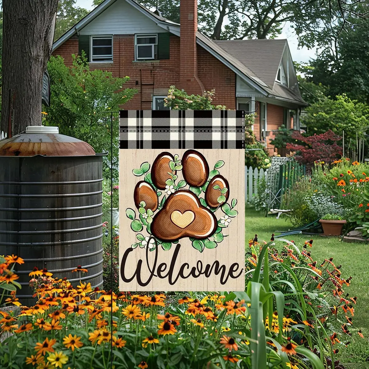 Welcome Golden Retriever Dog Cat Garden Flag Leaves Buffalo Plaid Check Paw Prints Small Double Sided Burlap art Stained Gla jjp