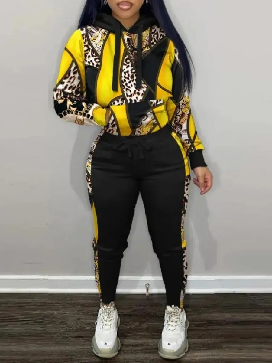 

LW Women Two Pieces Leopard Print Kangaroo Pocket Tracksuit Set Yellow Long Sleeve Hoodie&Black Patchwork Sporty Pants 2PC