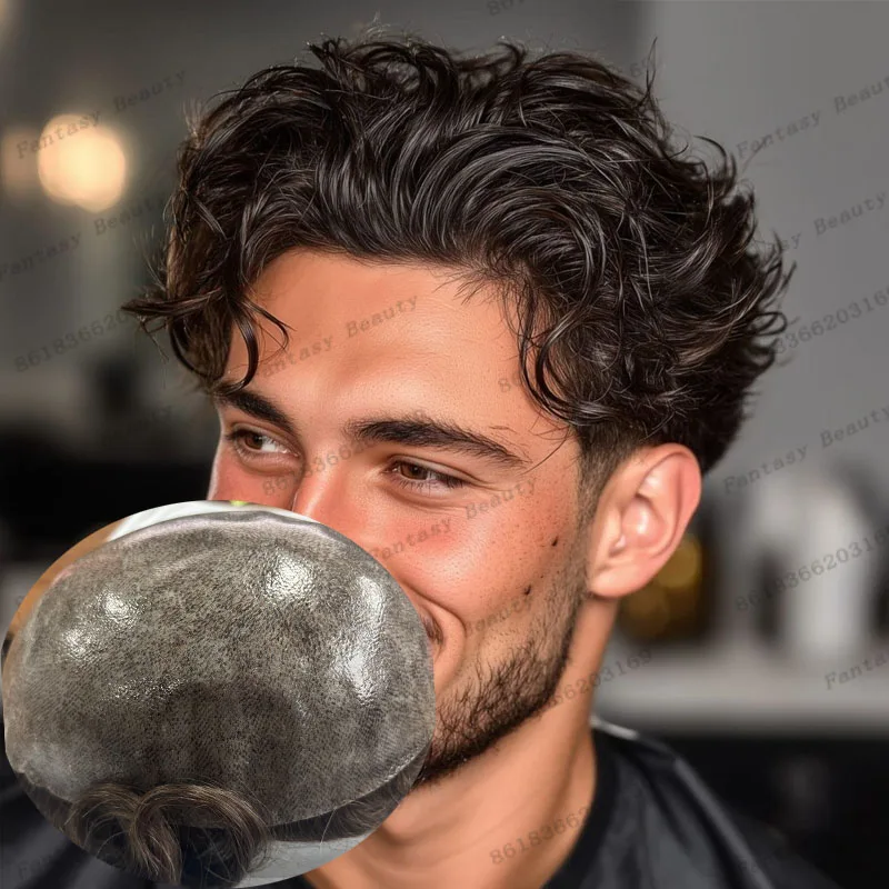 شعري طبيعي للرجال شعر مستعار بني داكن رمادي أسود غير قابل للاكتشاف بولي الجلد قاعدة رجل 100% خصلات الشعر المستعار الإنسان استبدال طويلة الأمد