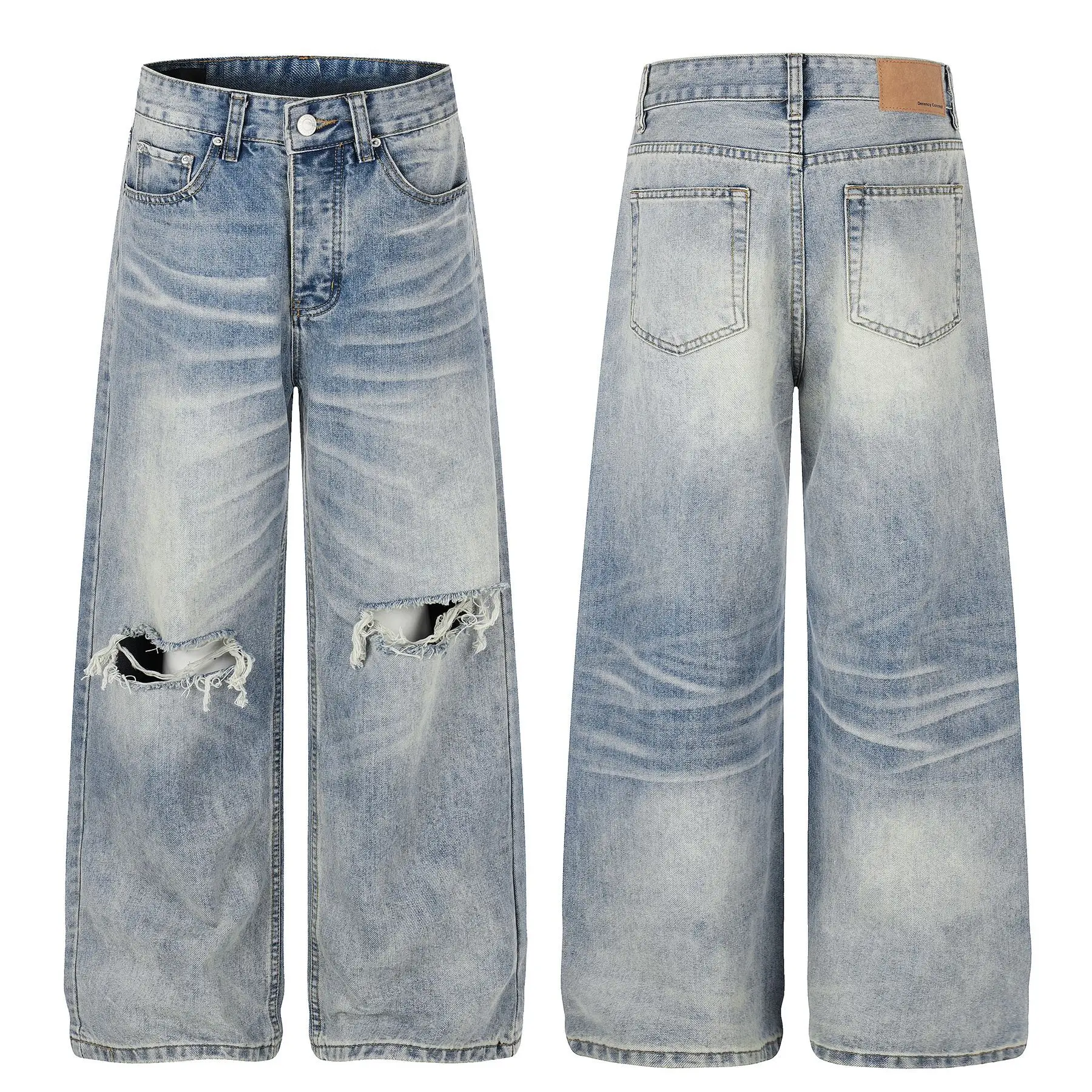 American High Street Hip Hop Ripped Denim Jeans Men Streetwear Loose Casual Wide Leg Baggy Jeans Pants Trousers