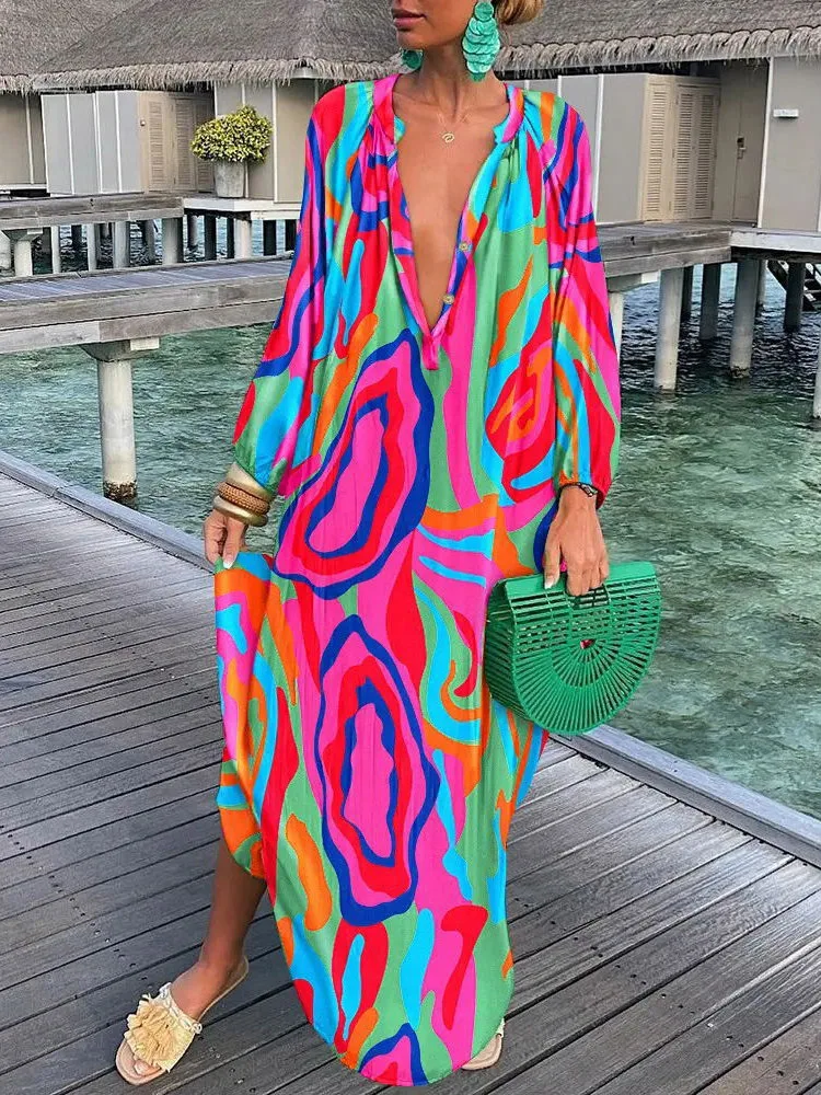 Vrouwen Vintage Maxi Jurken 2023 Zomer Sexy Diepe V-Hals Lange Mouw Boho Print Jurken Dames Strand Cover Up Elegant Gewaad