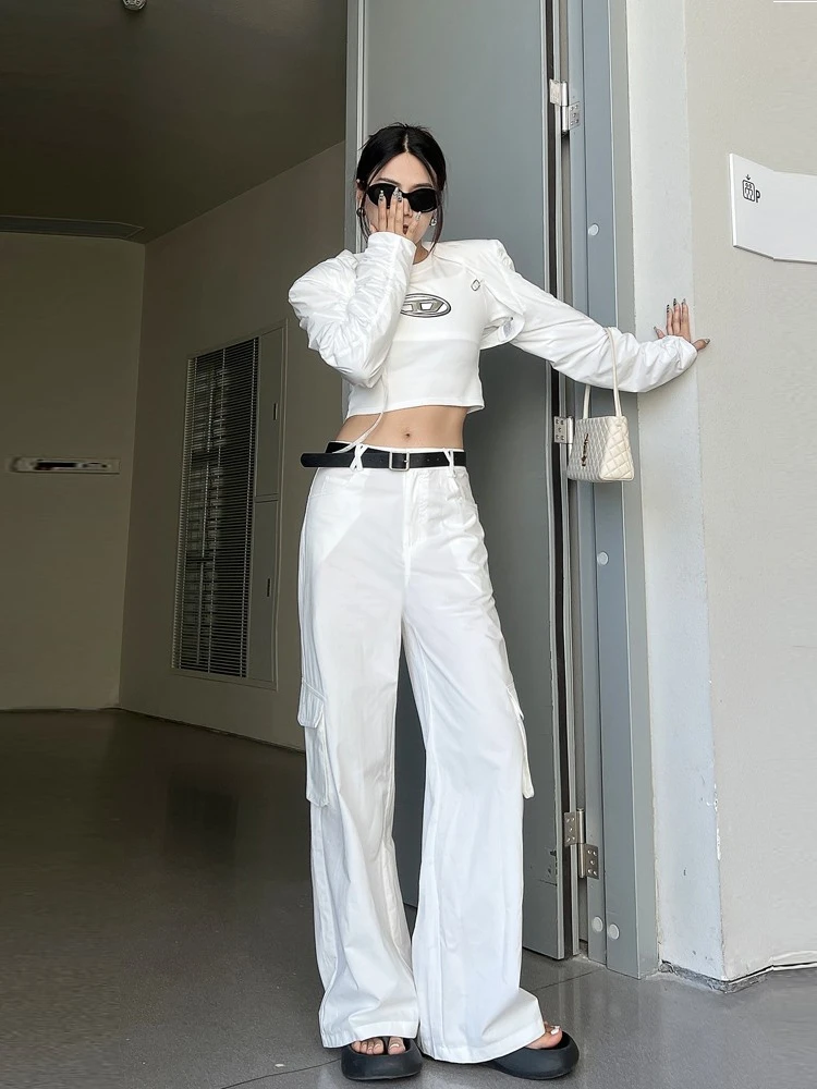 

Американские брюки-палаццо с высокой талией, белые, свободные, широкие, в пол, для женщин, повседневные