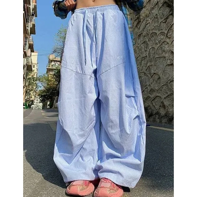 

Women Striped Jazz Dance Pants Blue Loose Casual Lazy Wide Leg Pants Harajuku Y2K Summer American Streetwear Cargo Pants