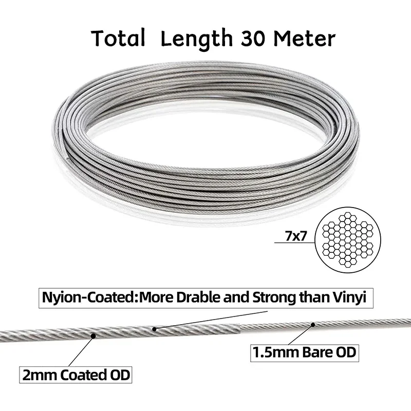 登山植物用304ステンレス鋼ワイヤーロープキット、直径30メートル、2mm、ナイロンコーティング、透明ケーブル