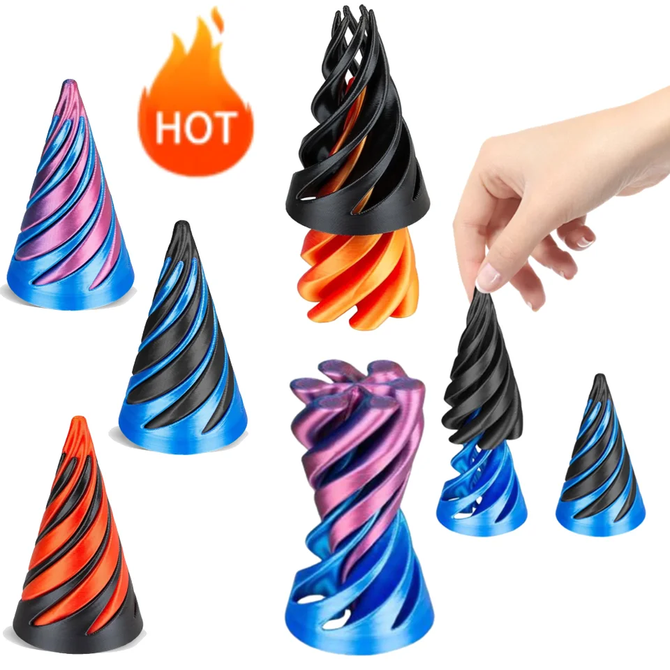 Homefantasy 3pcs Jouet Cône Spirale Imprimé 3D - Soulagement Stress Fidget - Cône, Cylindre, Pyramide