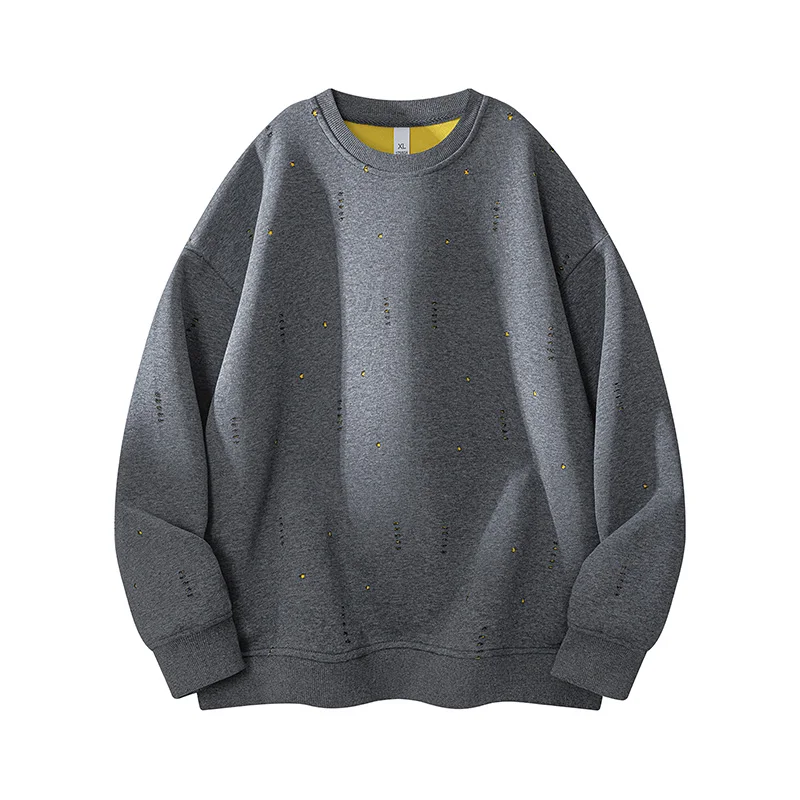 

Men's Oversized round Neck Pullover Sweatshirt Casual Vintage Streetwear Hoodie with Ripped Style Solid Color for Teens