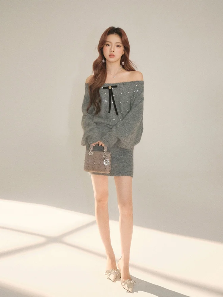 

Комплект OLIVIA DUO: утепленный свитер с круглым вырезом и юбка с завязками, свободный крой, длинный рукав, для женщин.