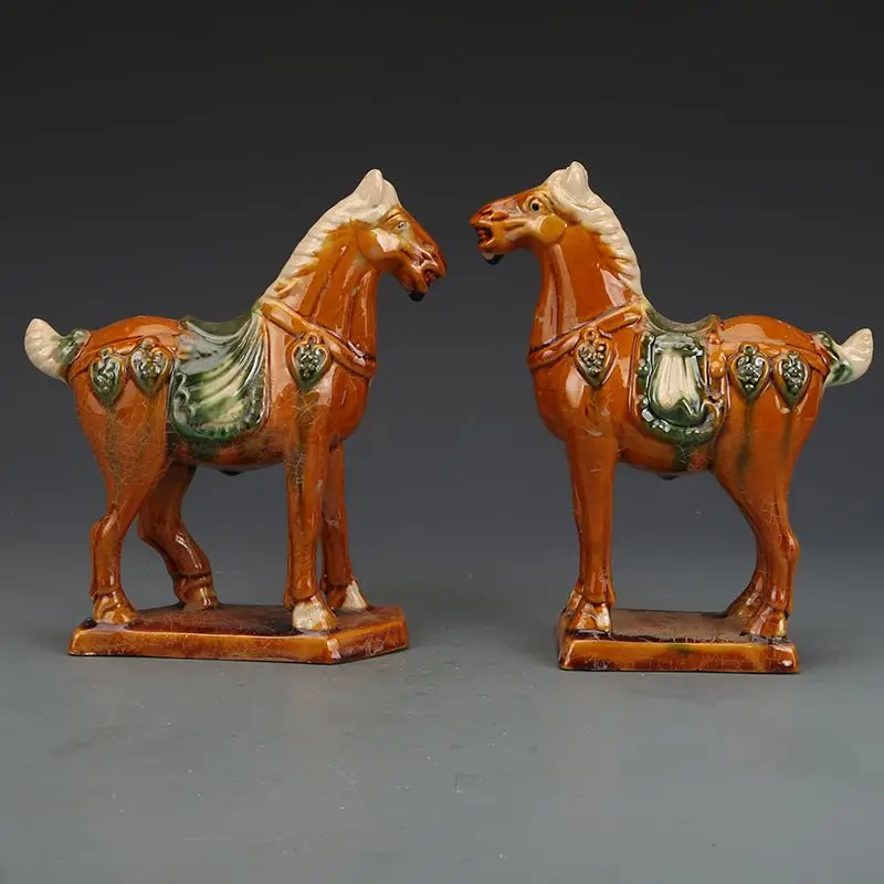 Tang Style Sancai Tri-color Crackle Glaze Pair Standing Horse Ceramic Statue Vintage Chinese Table Auspicious