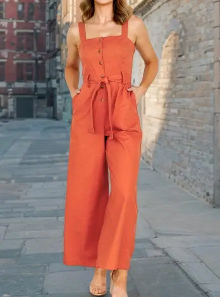 Summer New Women's Fashion Belt Sleeveless Camisole Single-Breasted One-Piece Pants