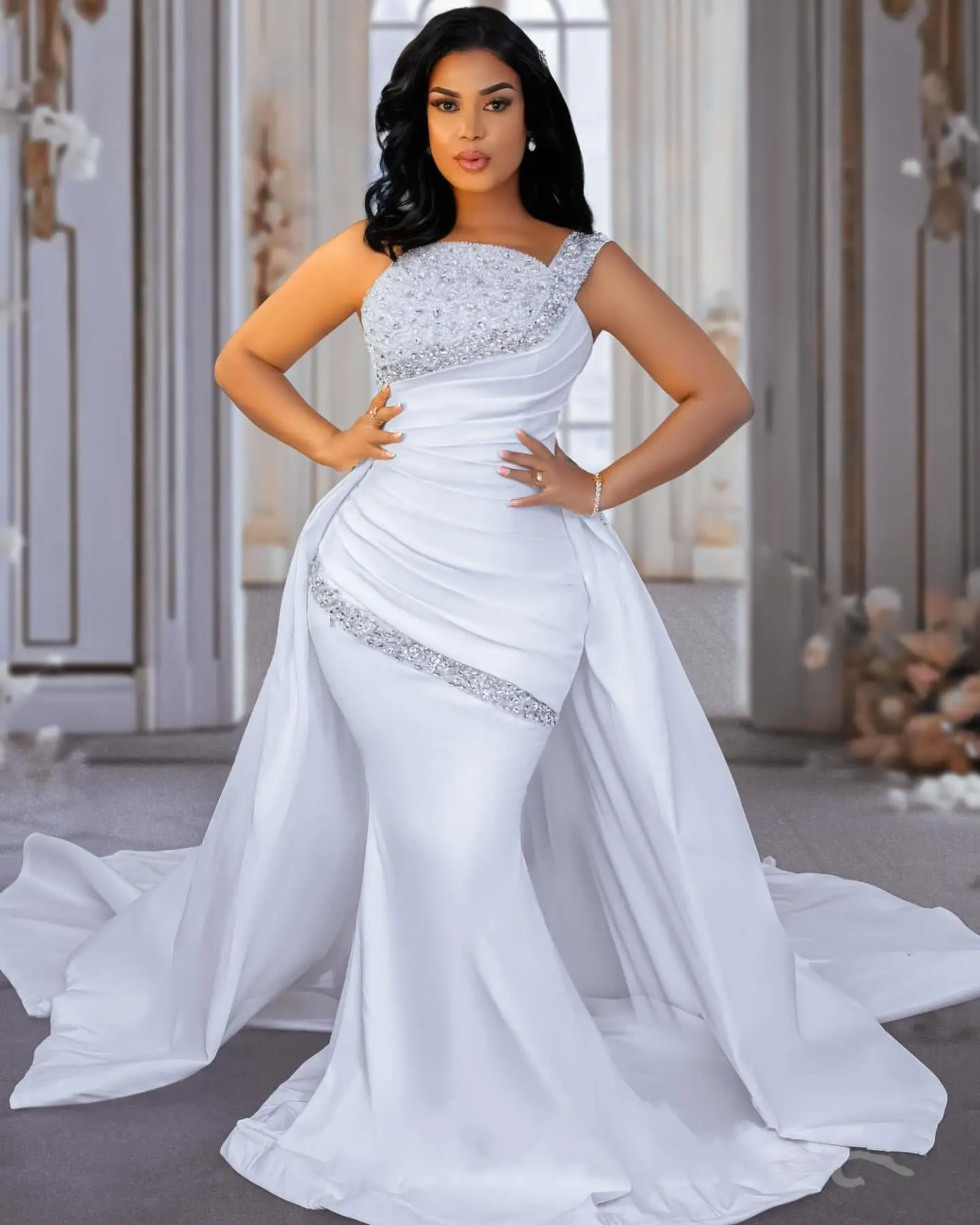 Customized One Shoulder Shinny Crystals Beads  Wedding Dress with Removable Skirt  Robe De Mariée  Satin Pleats  Bridal Gown