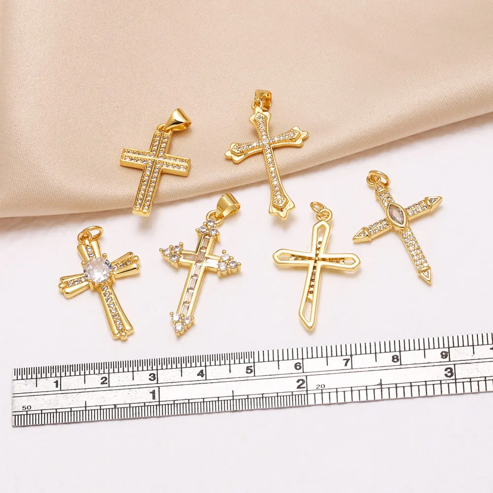 OCESRIO White Crystal Big Cross Pendant for Necklace Copper Gold Plated Crucifix Handmade DIY Jewelry Making Supplies pdtb006