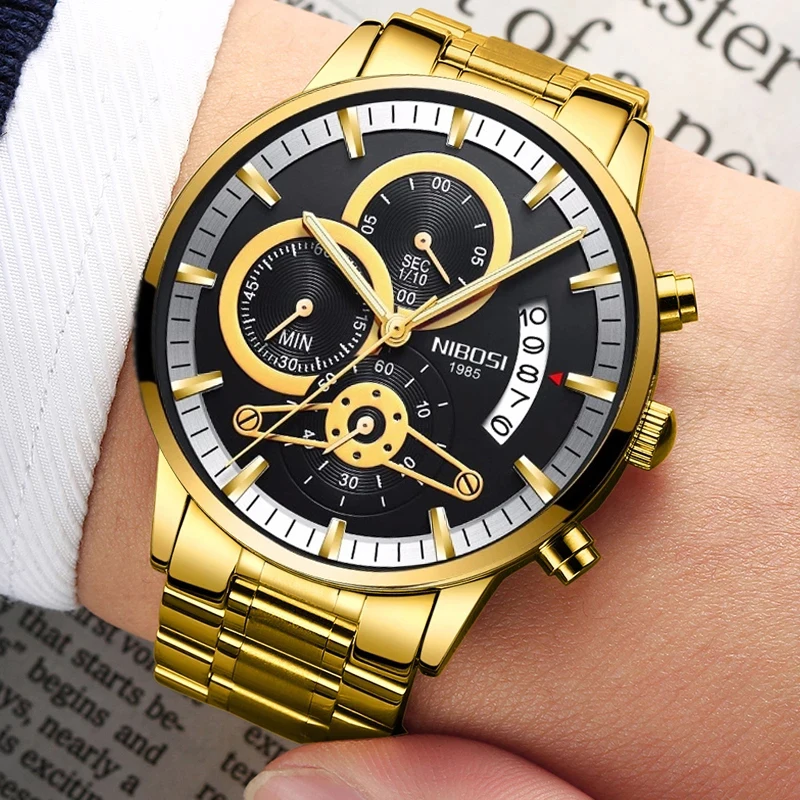 

NIBOSI Fashion Mens Watches Top Brand Luxury Stainless Steel Waterproof Clock Chronograph Quartz Watch for Men Relogio Masculino