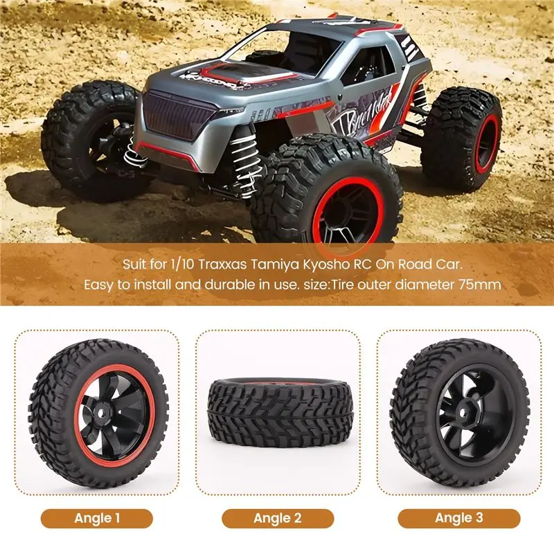FBIL-For 1:10 Rally Car 75Mm Rubber Tires And Wheel Rims For 1/10 Scale HSP 94123 HPI Kyosho Tamiya RC On Road Car