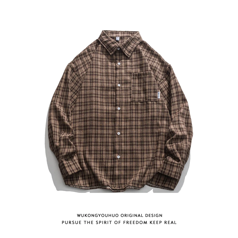 Spring Autumn Japanese High Street Plaid Contrast Long-sleeved Shirts for Men and Women Retro Loose Casual Couple Shirt Jacket