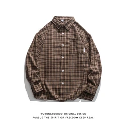 Spring Autumn Japanese High Street Plaid Contrast Long-sleeved Shirts for Men and Women Retro Loose Casual Couple Shirt Jacket