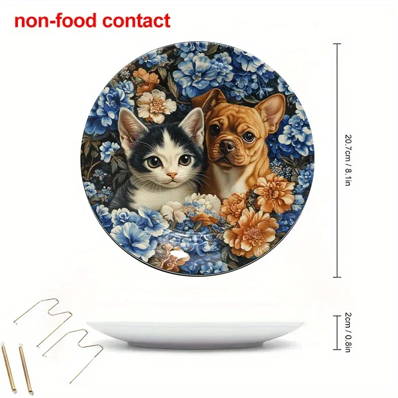 1pc 8-Inch Round Ceramic Wall Decor Plate with Cute Cat and Dog Floral Design - Vintage Style Non-Food Contact Home Decor,